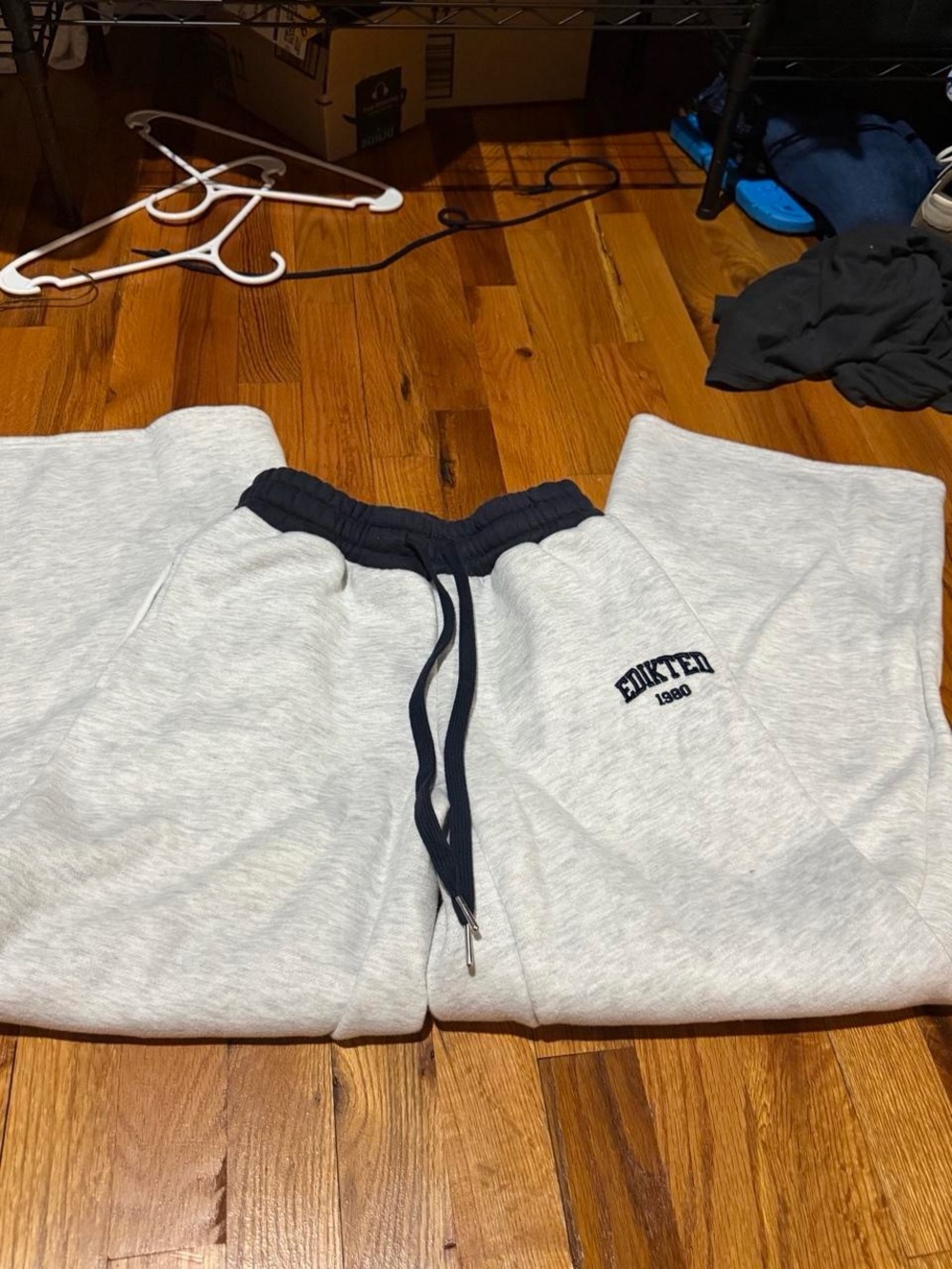 Edikted Light Gray Track Joggers with navy blue Waistband and Drawstring